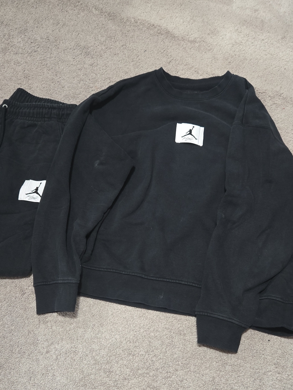 Mens Jordan Black Crewneck Sweatshirt Sweatpants w White Jumpman Patch Large